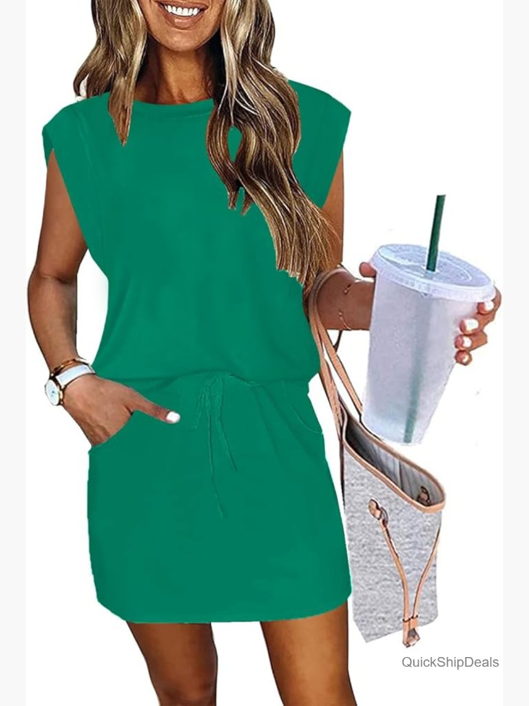 Cap Sleeve Crew Neck A-Line Mini Dress With Tie Front